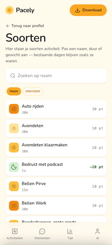 Pacely-lijst met opgeslagen soorten activiteit zoals Auto rijden, Avondeten klaarmaken, Bedrust met podcast en Bellen — met intensiteit, duur en punten.